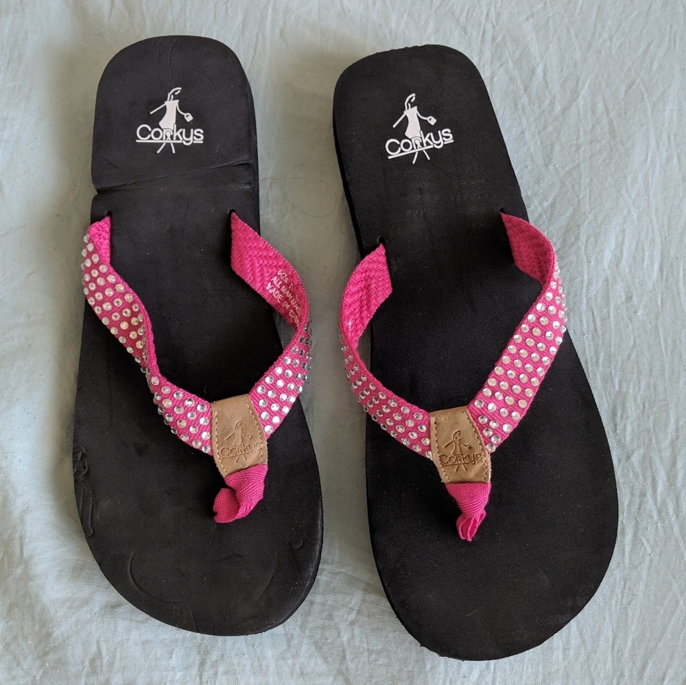 Corkys Pink Rhinstone Flip Flops Sandals